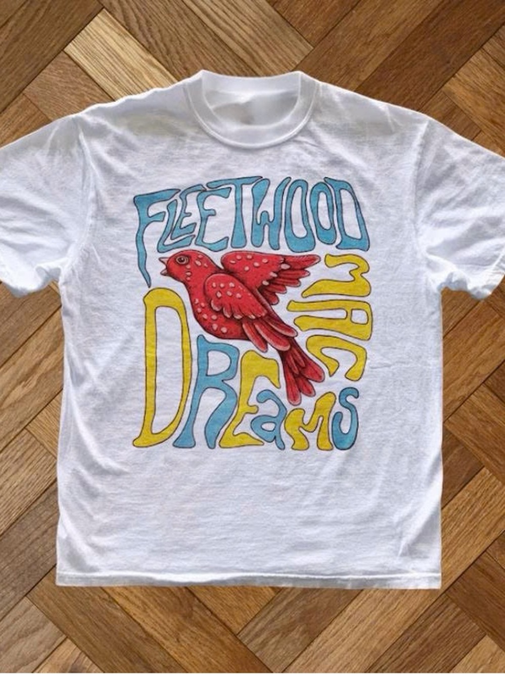 White Tee with Red Bird and Blue & Yellow Retro Graphic